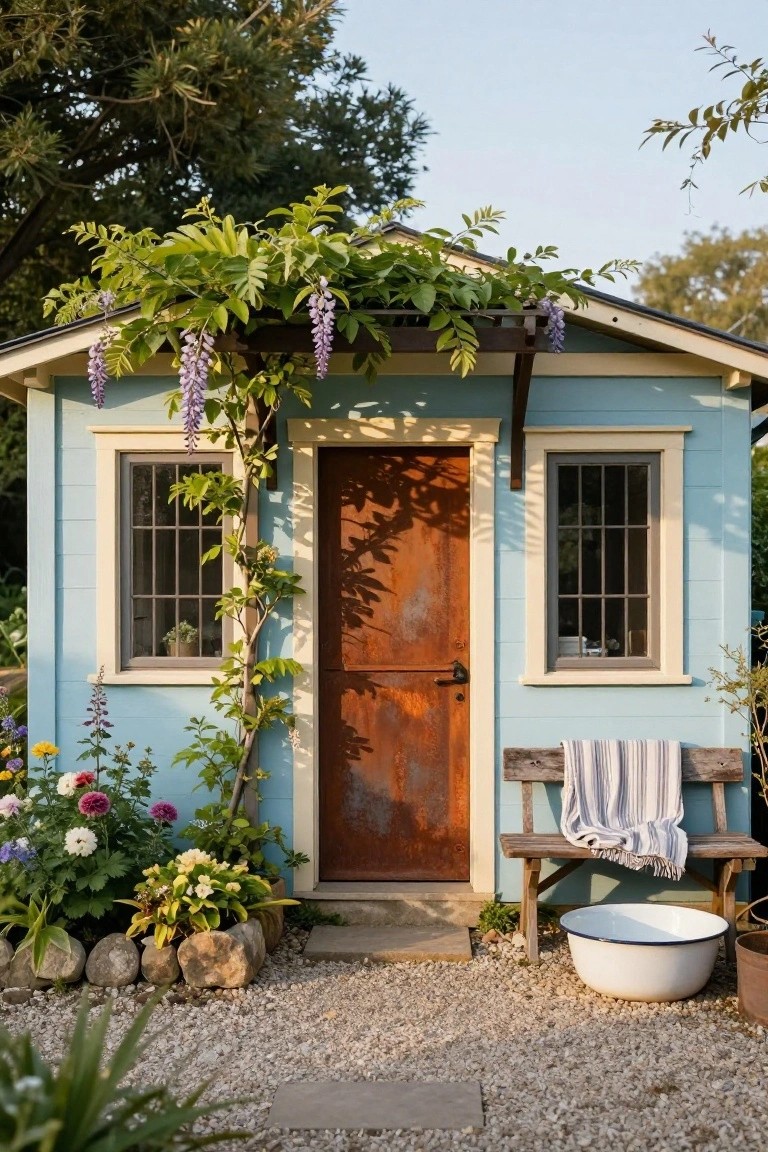 Small light blue wooden cottage with white window trim, dark red wooden door, climbing green vines and purple wisteria on a trellis, colorful flowers and plants around the base, wooden bench with striped blanket, white enamel tub, and gravel path in front.
