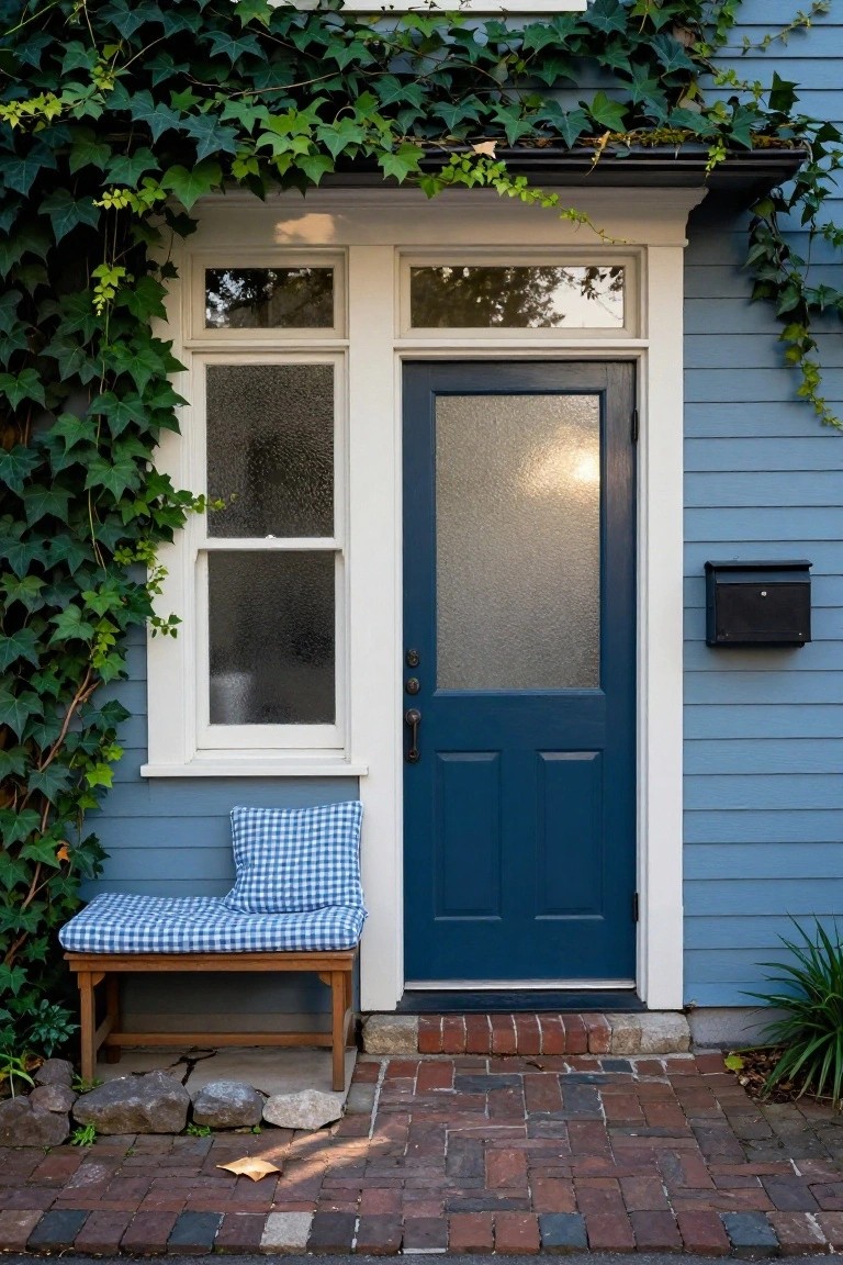 Light blue clapboard house exterior with white trim around a double window and navy blue front door with frosted glass panels, ivy climbing the left side, black mailbox, wooden bench with blue checkered cushion, brick front path, and small plants nearby.
