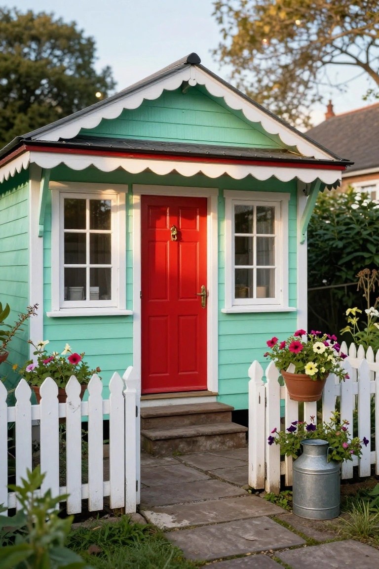 Small mint green shed with white scalloped roof trim, red front door, white-framed windows, white picket fence, potted flowers, and a metal milk can planter in a garden.