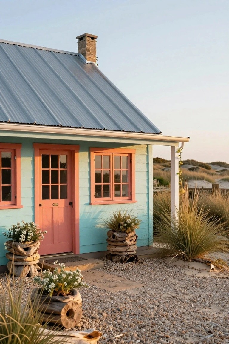 A small turquoise cottage with orange front door and window frames, corrugated metal roof, stone chimney, white trim, and driftwood planters surrounded by dune grasses on a gravel yard.