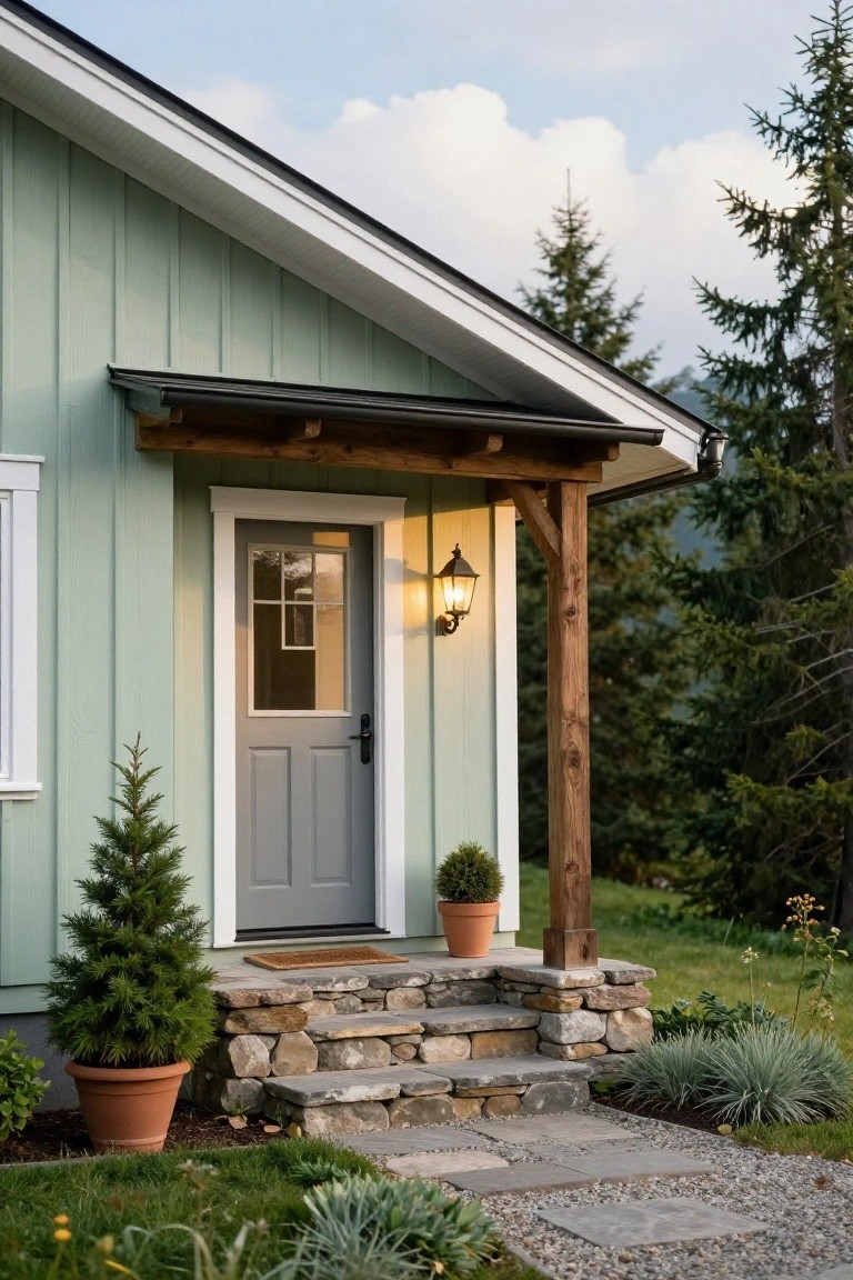 Light green vertical board-and-batten siding on a cottage with a gray paneled front door, wooden porch post and overhang, lantern light, stone steps, potted evergreens, and gravel path amid trees and grass.