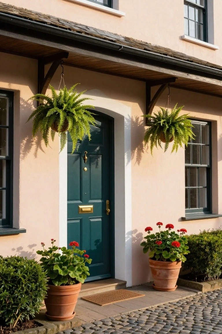 A two-story cottage house with pale peach walls, dark green arched front door, hanging ferns from the porch, potted red geraniums flanking the entry, boxwood shrubs, and a cobblestone path.