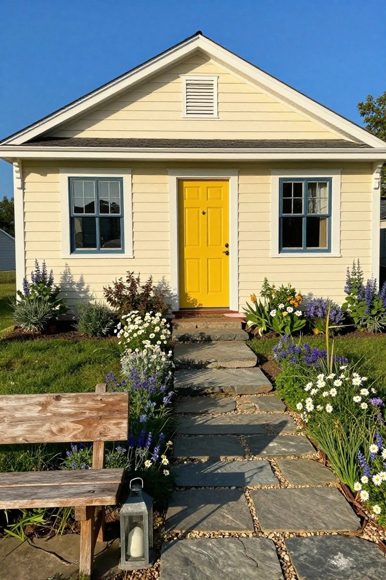 Pale yellow clapboard cottage with bright yellow front door, blue window frames, stone pathway lined with flowers, wooden bench, metal lantern, and garden plants in front yard under clear blue sky.