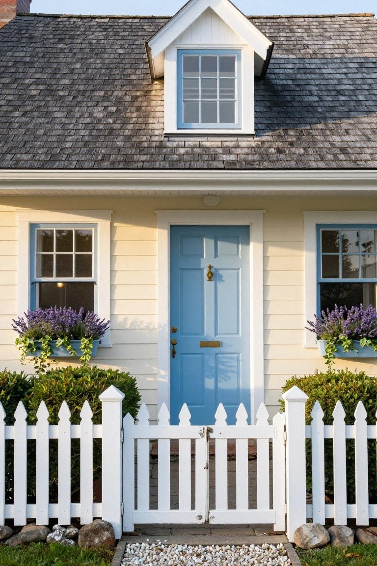A small two-story cottage with pale yellow clapboard siding, sky blue front door with brass knocker, white trim on windows with lavender planters, white picket fence gate, boxwood shrubs, gravel path, and stone borders.
