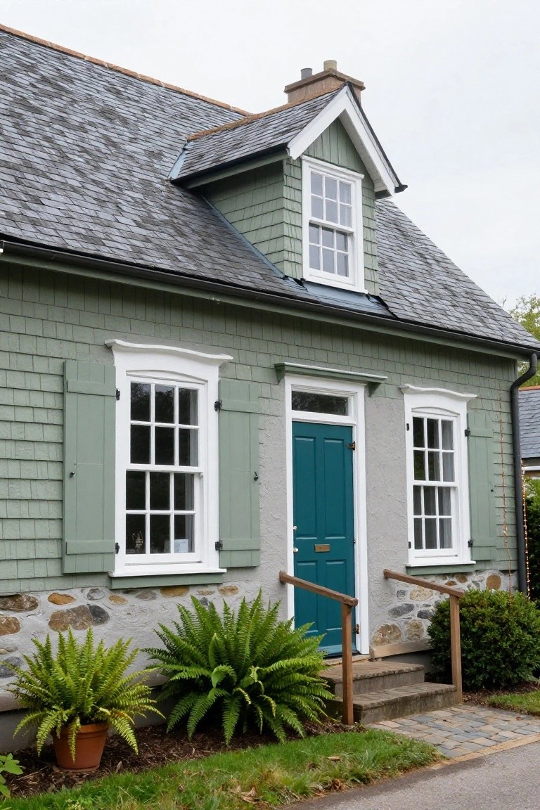 Sage green shingle-sided cottage with white-trimmed windows, a turquoise front door, stone foundation, potted ferns, and a short staircase leading to the entry.