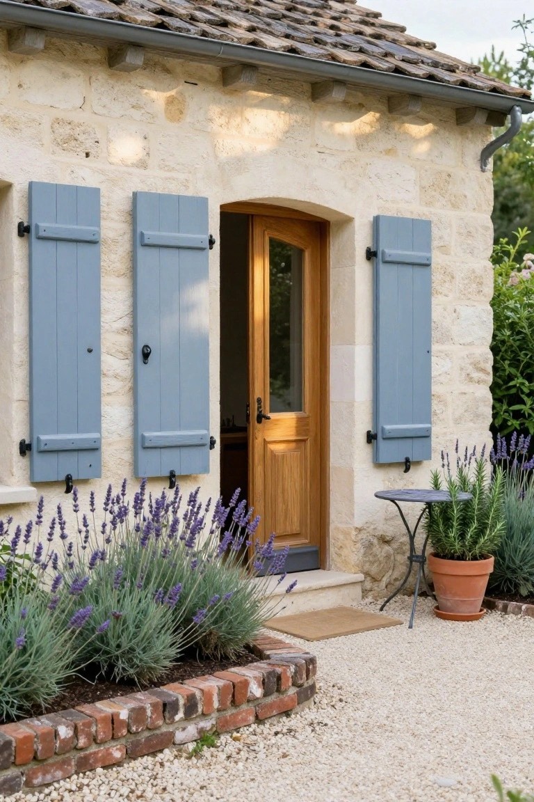 Stone cottage exterior featuring arched wooden door with glass panel, blue wooden shutters on windows, lavender plants in front bed, small table with potted rosemary beside entrance, gravel path, and brick edging.