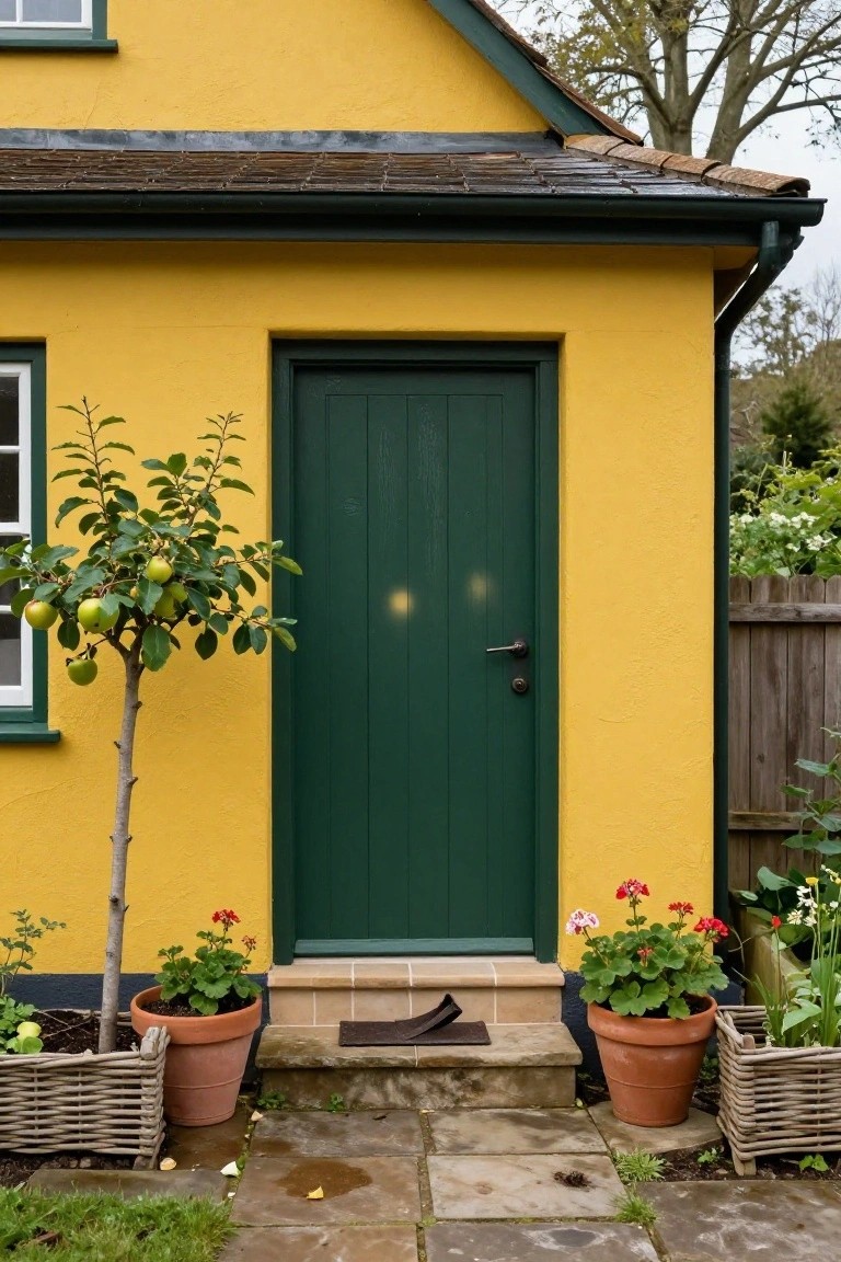 Small yellow cottage with dark green paneled front door, white-framed window, potted geraniums and apple tree by stone steps, wooden fence, and garden plants in background.