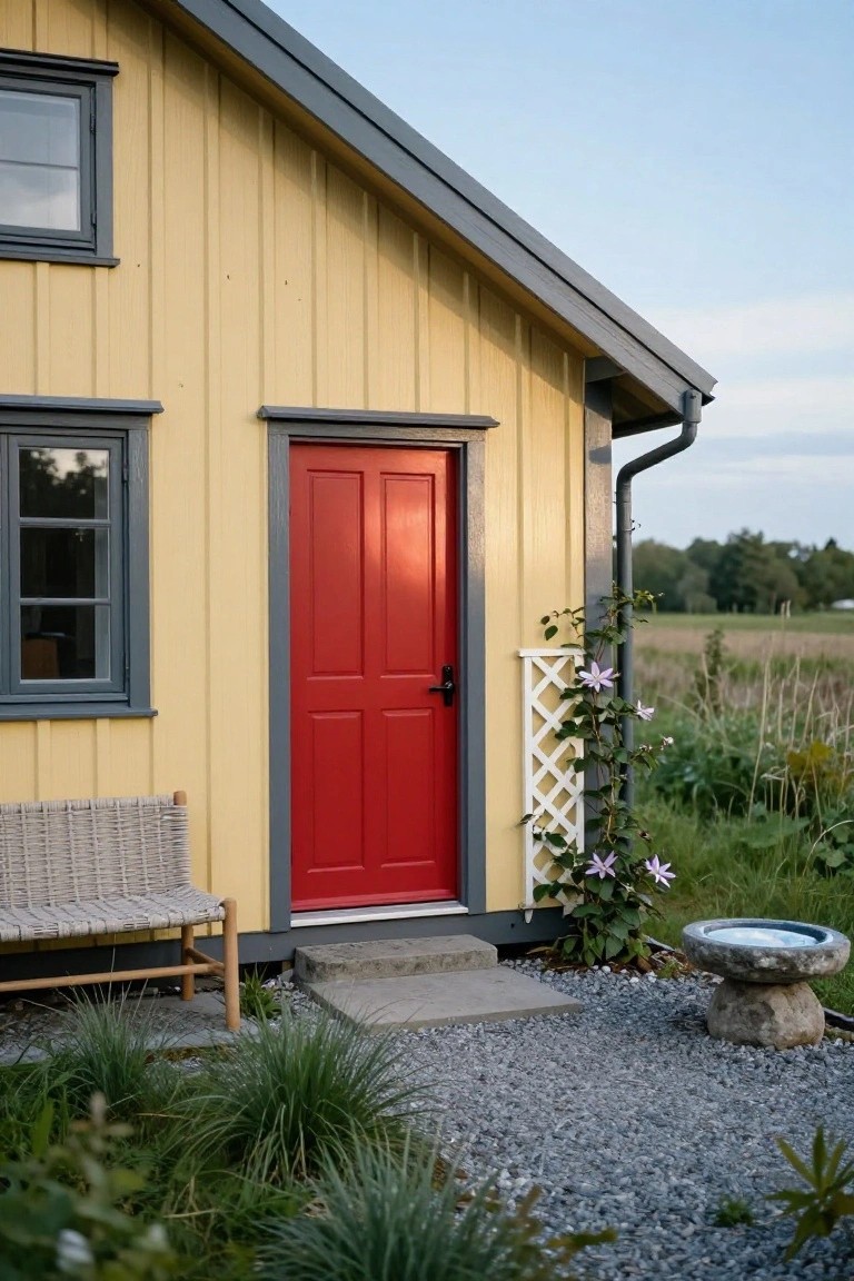 Yellow wooden cottage with gray roofline and trim, red front door, gray-framed windows, woven bench, white trellis with purple flowers, stone birdbath, gravel path, and grassy field in background.