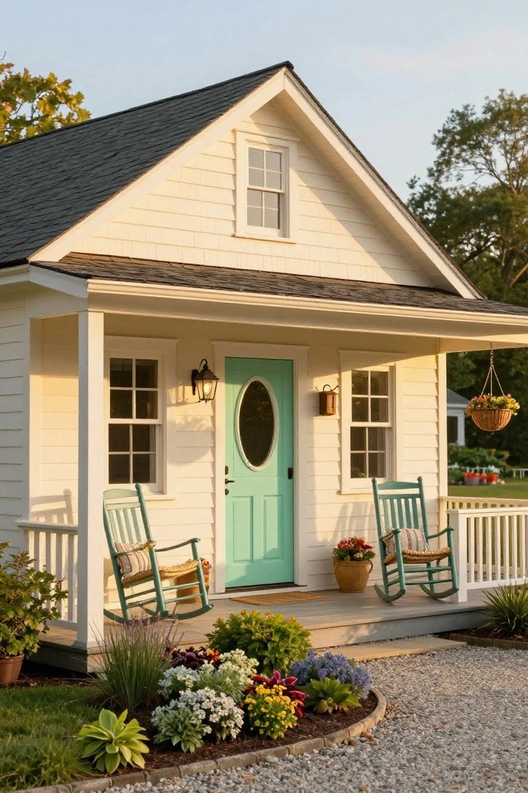 Small cream clapboard cottage with gabled black roof, teal front door featuring oval window, covered porch with green rocking chairs, hanging flower basket, and curved flower bed with colorful plants along gravel driveway.