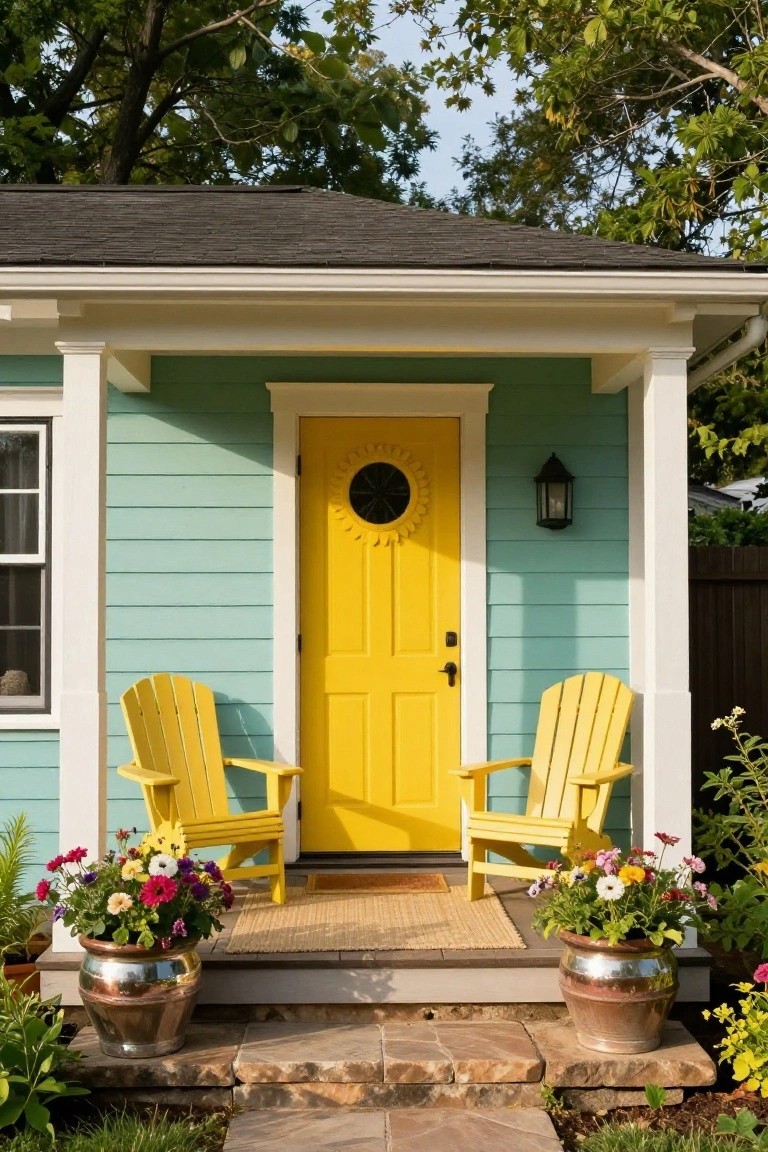 Turquoise clapboard cottage with white trim, bright yellow front door featuring a sunburst window, two yellow Adirondack chairs on the porch, potted flowers in copper planters, and stone steps leading to a garden path.