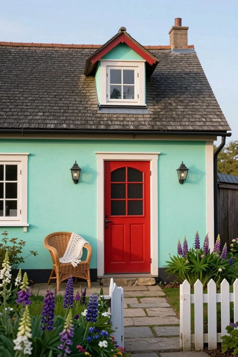 Teal cottage with red front door, white-framed windows, black lanterns, wicker chair with white blanket, purple lupine flowers, white picket fence, and stone path in front yard.