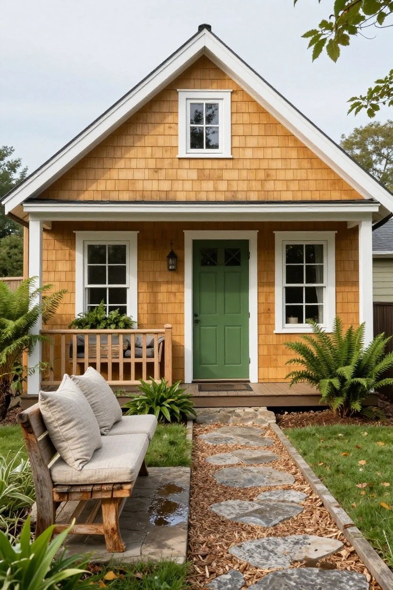 Small shingle-style cottage with golden wood siding, white trim, green front door, small porch, wooden bench with cushions, stepping stone path, and ferns in the yard.