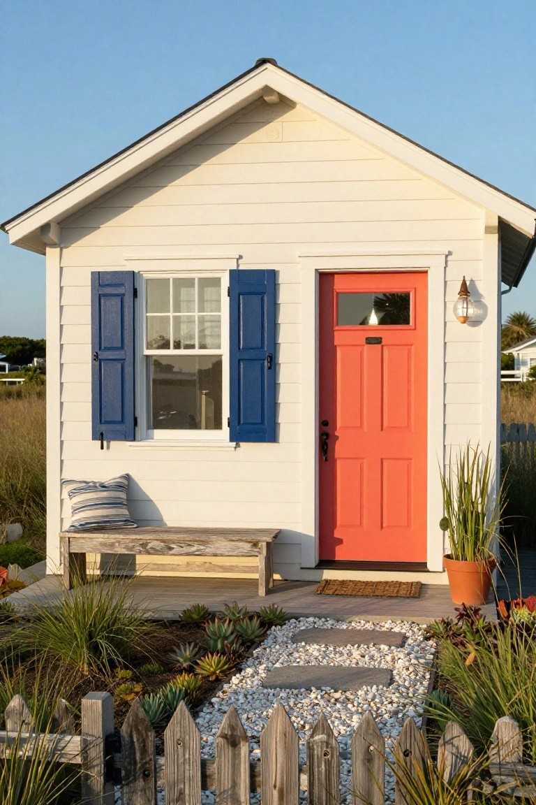 Small white clapboard cottage with blue shutters flanking a window, bright red front door, porch bench, lantern light, gravel path, and grasses in the yard.