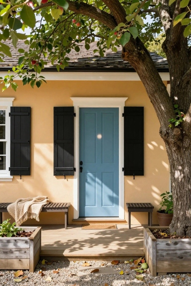 Yellow cottage with blue front door, black shutters, white trim, wooden porch benches with a blanket, planters, and a large apple tree next to gravel path.