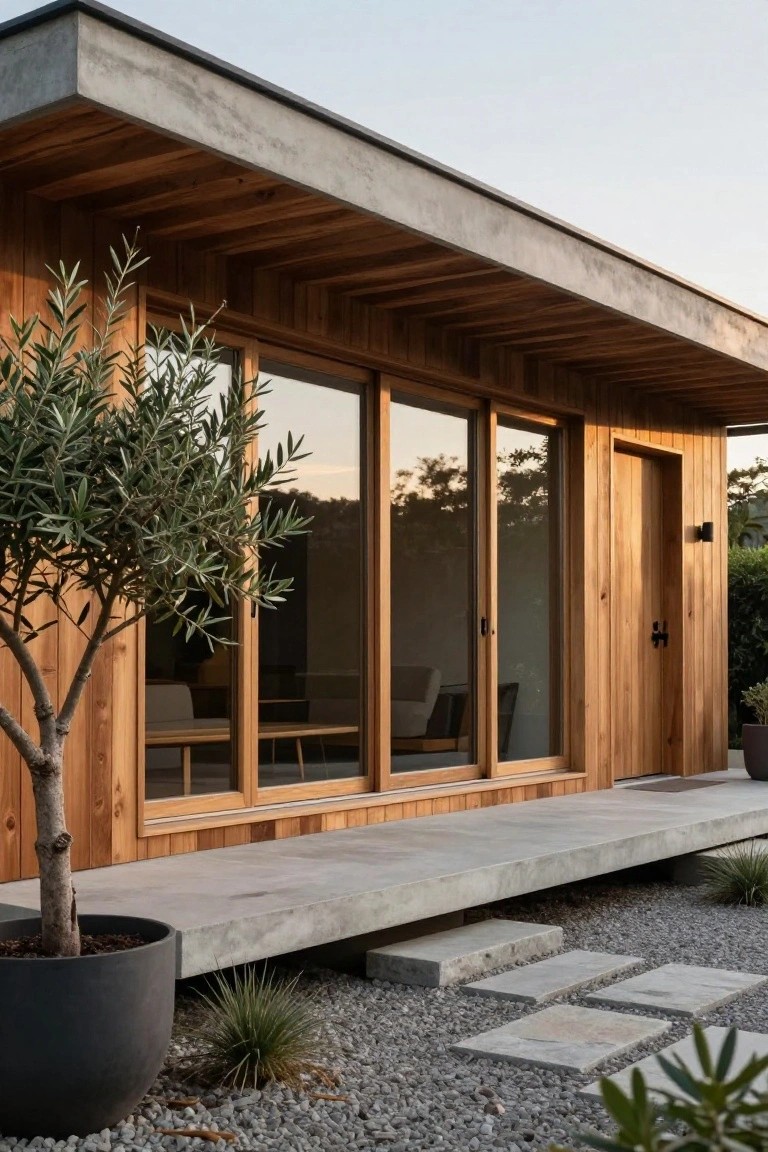 Side view of a small modern cabin with vertical cedar wood cladding, flat concrete roof overhang, large sliding glass doors, wooden entry door, concrete deck platform, potted olive tree nearby, gravel ground cover, and stone steps.