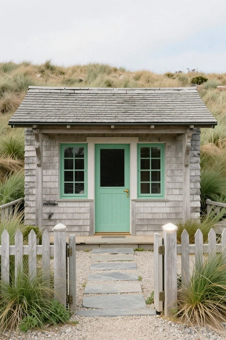 Small cottage with gray wood shingle siding, mint green windows and door, white picket fence gate, stone pathway, and surrounding dune grasses.