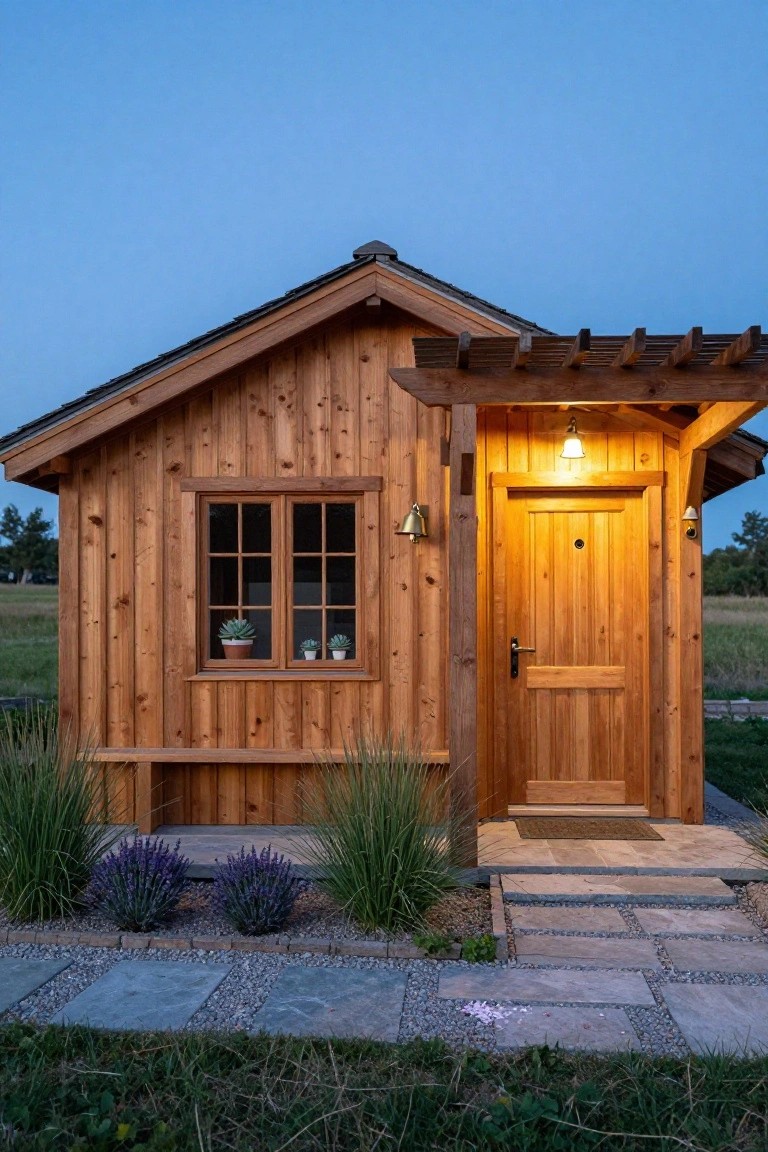 Small gabled wooden cabin with vertical cedar siding, timber pergola-covered entry porch, illuminated front door, window with succulents, lavender and ornamental grasses in front, stone path, at dusk in a field.