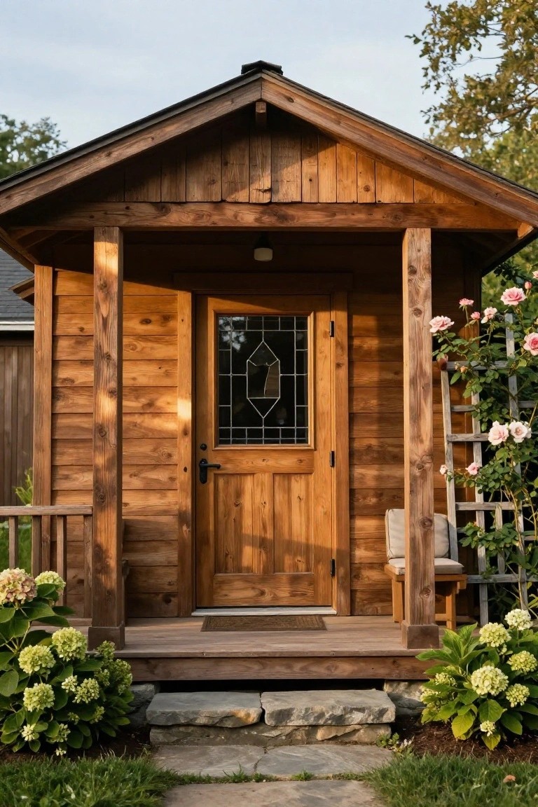 Small wooden cottage with covered front porch, stained glass door, wooden siding, hydrangeas on porch steps, climbing roses on trellis, and stone path leading to entry.