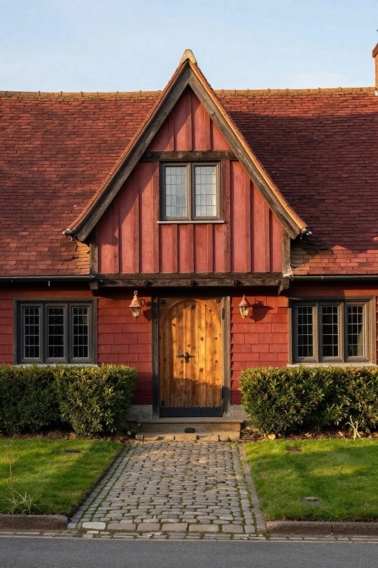 Red brick cottage with dark exposed timber framing on gables and walls, wooden arched front door, leaded glass windows, lanterns, boxwood shrubs, grass lawn, and cobblestone path.
