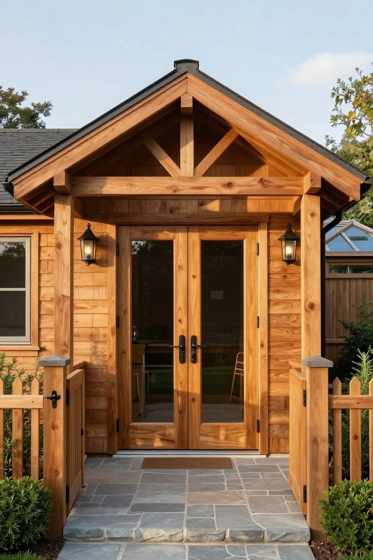 Wooden cottage exterior with gabled porch featuring exposed timber beams, double glass doors flanked by lanterns, cedar shingle siding, and picket fence along a stone pathway.