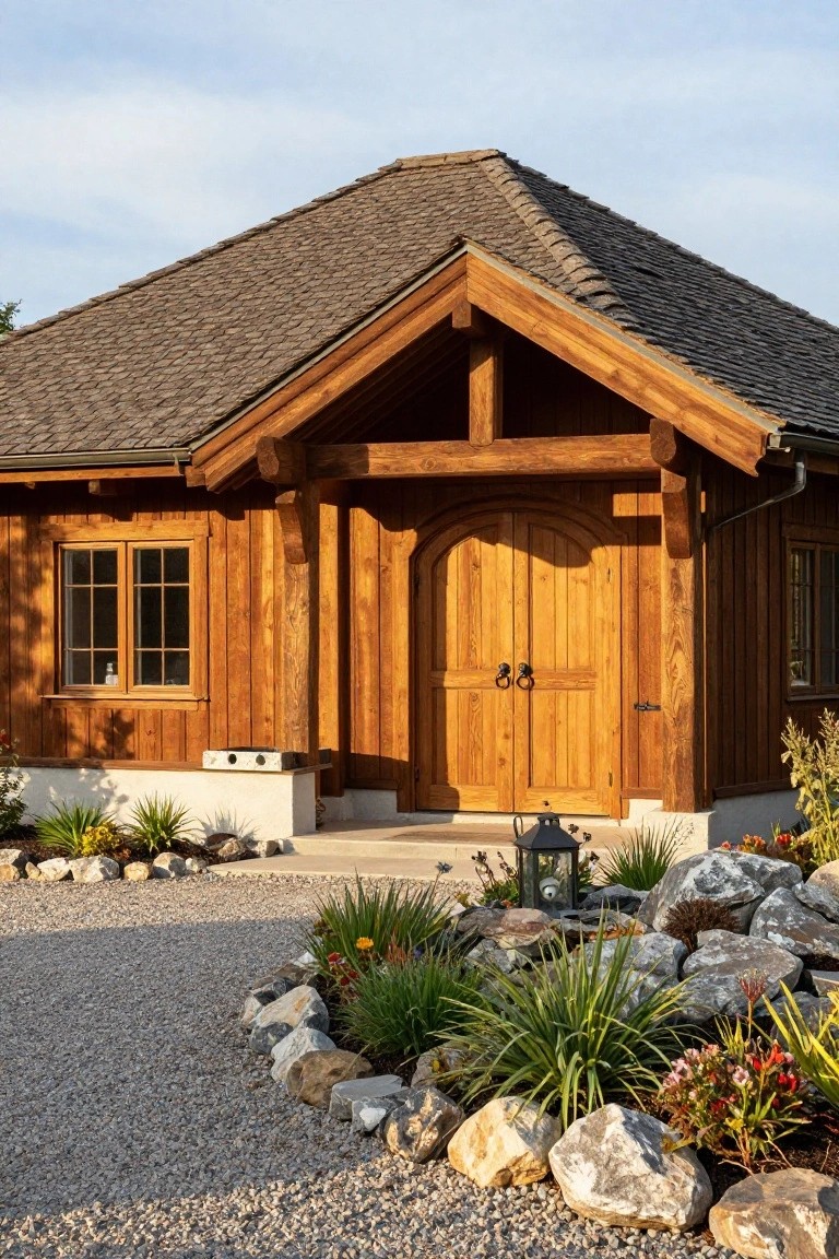 Wooden chalet-style cottage exterior featuring an arched double door under exposed timber beams and overhang, with wood siding, a gravel driveway, rock borders, and low plants around the base.