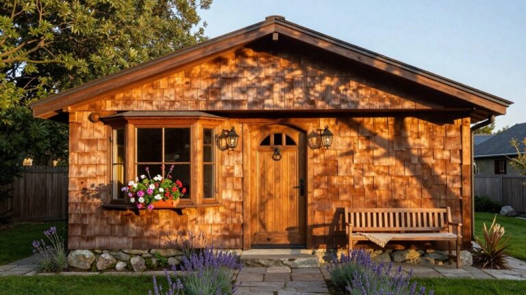 Small wooden cottage with cedar shingle siding, arched wooden entry door with black lantern, bay window with flower box, wooden bench with blanket, lavender plants, stone path, and garden bed in front.