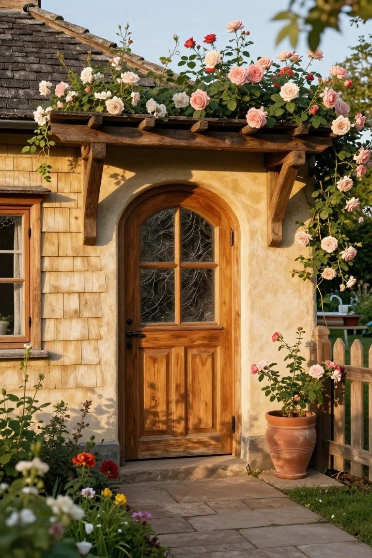 A cottage exterior with beige shingle siding, wooden arched door with glass panels, wooden pergola overhead covered in pink and white climbing roses, flower garden, potted rose in terracotta pot, and wooden picket fence.