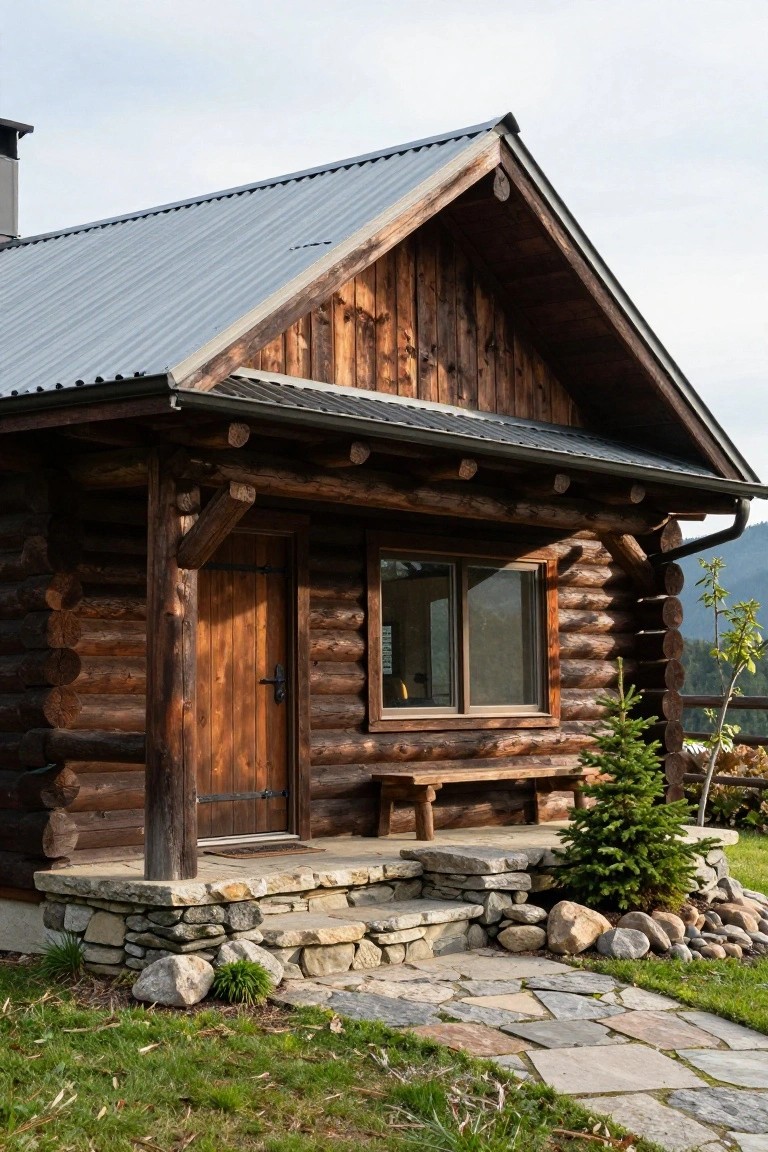 Wooden log cabin with gray metal roof, front porch bench, wooden door and window, stone steps, rocks, small trees, and grass path in a mountainous setting.