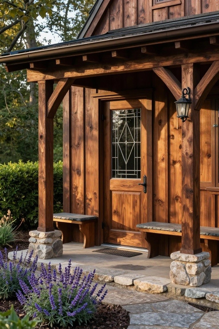 Rustic wooden cabin exterior featuring a covered porch with timber posts, a door with stained glass window and black hardware, built-in wooden benches on stone bases, a wall lantern, lavender plants, and a stone path.