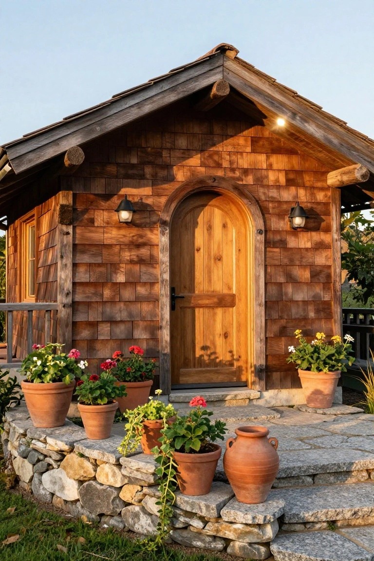 Small wooden shingle cottage exterior with arched wooden door, black lanterns on either side, stone steps leading to the entry, and terracotta pots with flowers and plants along the front.