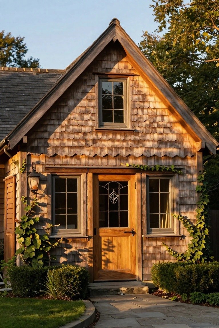 A small cottage exterior with cedar shingle siding, wooden front door with glass panels, side windows, ivy vines on the walls, a wall lantern, shrubs, and a stone path leading to the entrance.