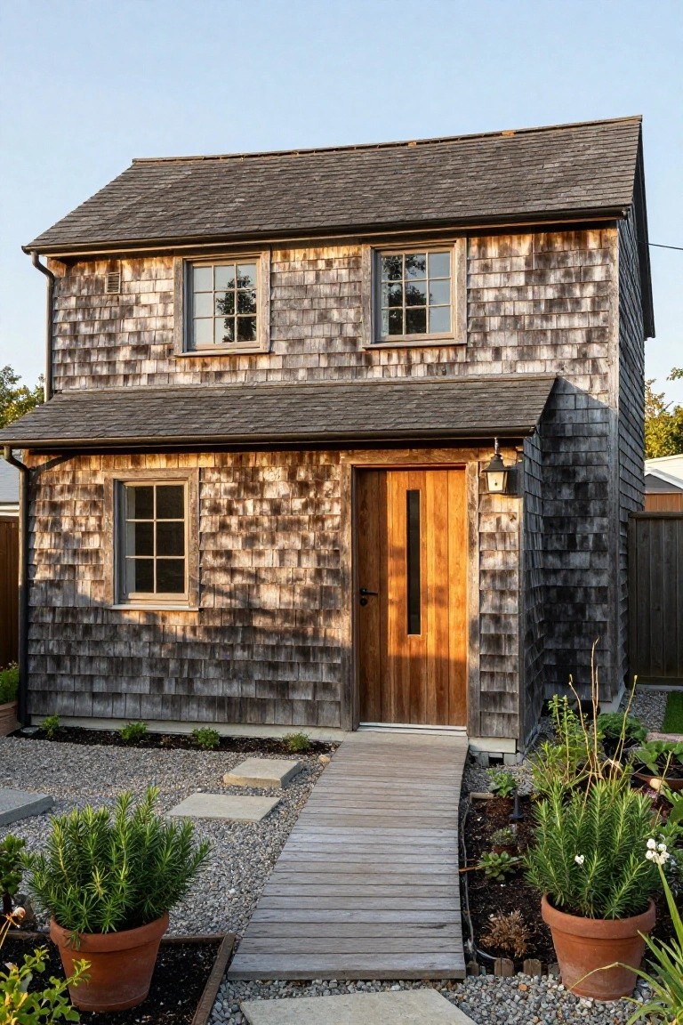 Small two-story cottage with gray weathered shingle siding, wooden front door, double-hung windows, gray shingled roof, wooden walkway through gravel yard with potted rosemary plants.
