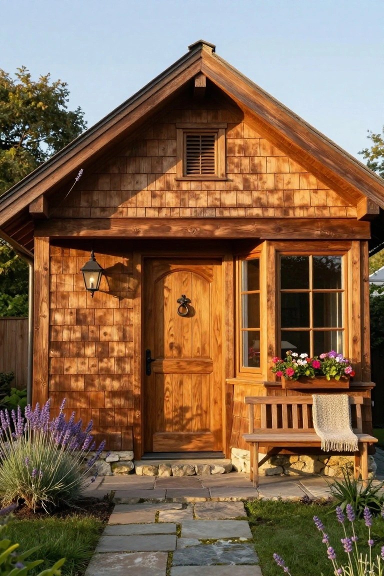 Small wooden cottage with cedar shingle siding, arched wooden entry door with black lantern, bay window with flower box, wooden bench with blanket, lavender plants, stone path, and garden bed in front.