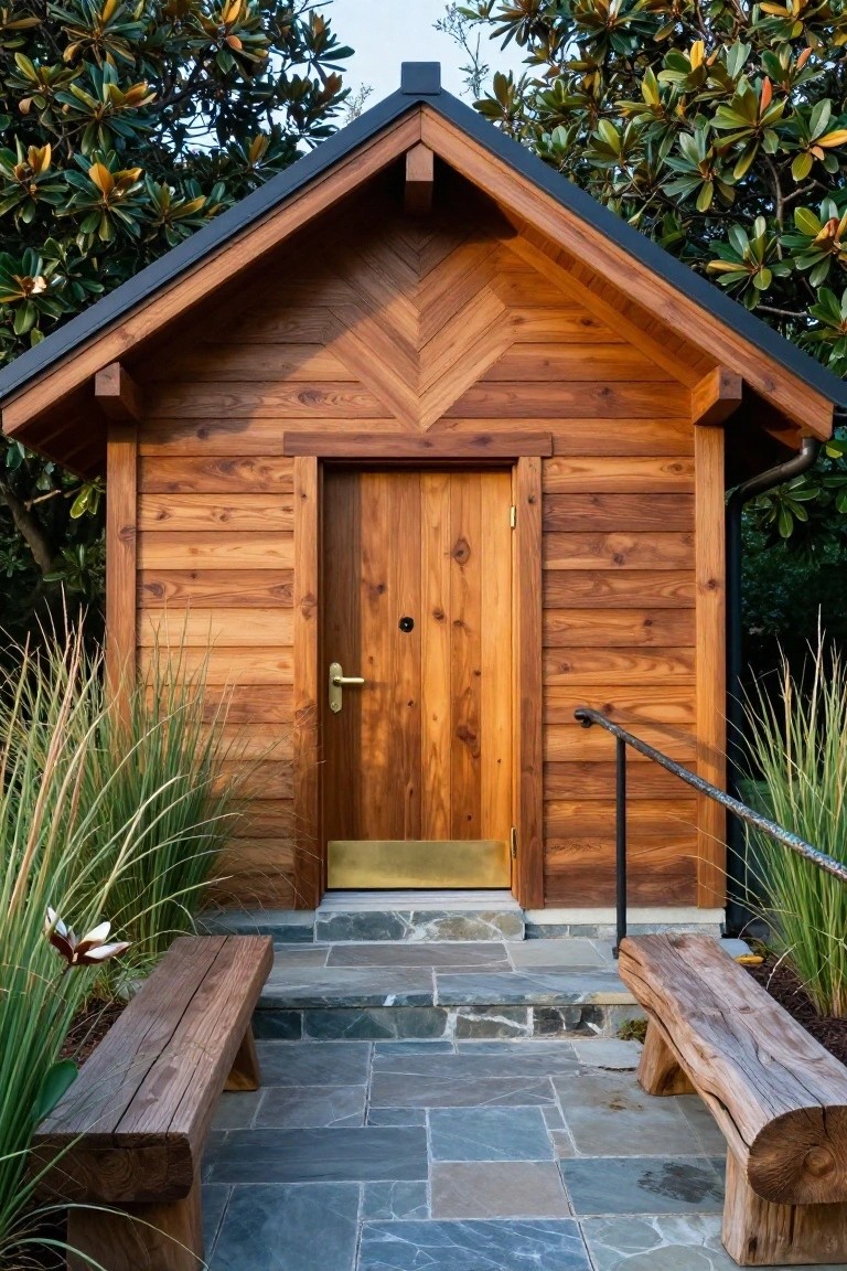 Small gabled wooden cabin with vertical cedar siding, dark roof, wooden entry door with brass handle and knocker, flanked by log benches on stone steps amid pampas grass and magnolia trees.