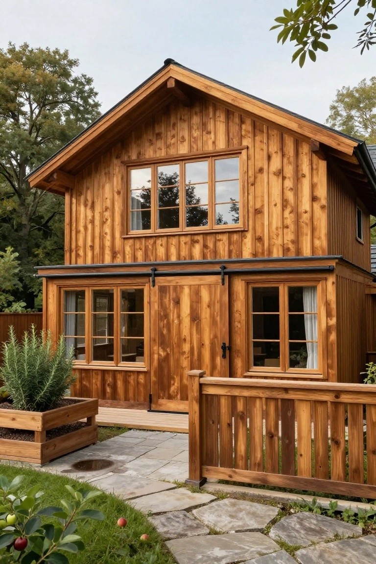 Two-story chalet-style wooden house with vertical board-and-batten siding, dark shingled gabled roof, large multi-pane upper windows, sliding barn door entry flanked by triple windows, wooden railing, stone paver path, potted rosemary, and apple tree branches nearby.