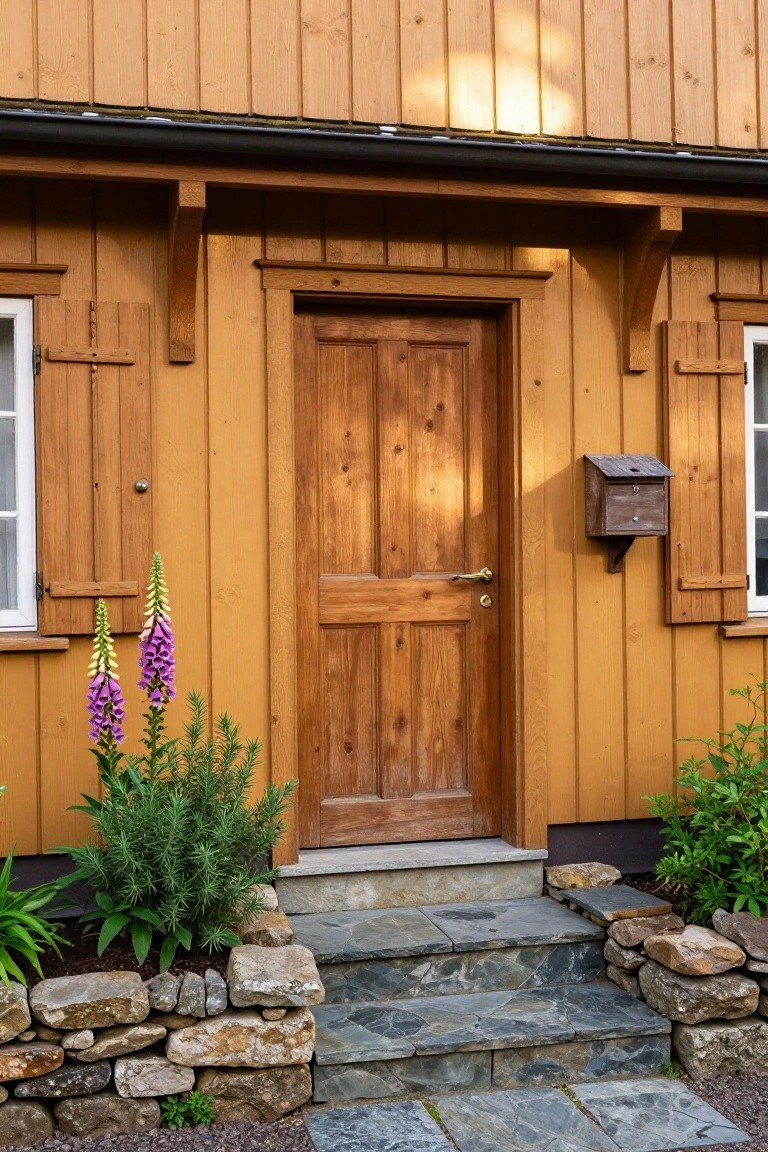 Yellow wooden cottage exterior with brown paneled front door, wooden shutters on flanking windows, purple foxglove plants, metal mailbox, and slate steps with stone edging.