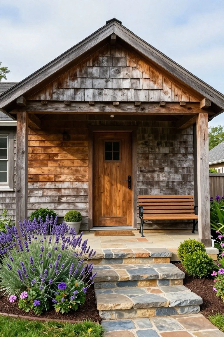 Small cottage exterior with weathered wood shingle siding, covered porch supported by wooden posts, wooden front door, bench on porch, stone steps, and lavender plants around the entry.