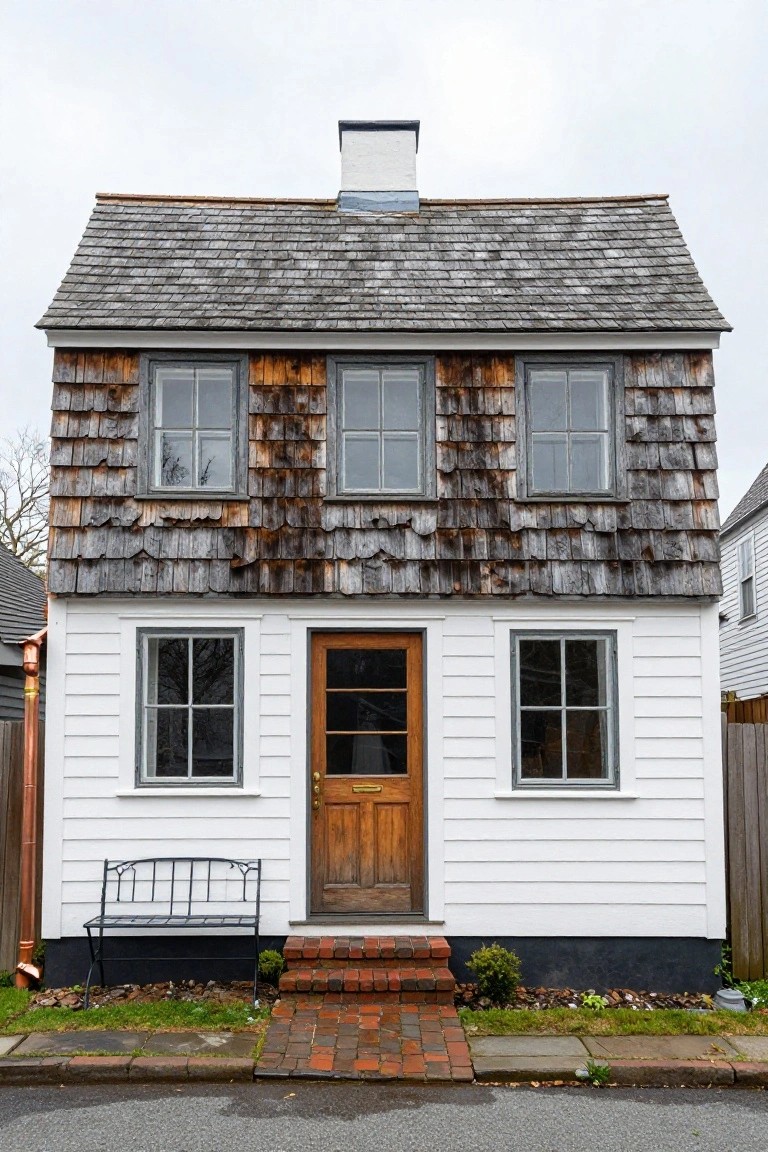 Front view of a small two-story cottage with gray weathered shingle siding on the upper story and gables, white clapboard siding on the lower story, central wooden door with glass panel, multiple windows, brick entry steps, black metal bench, and adjacent landscaping on a paved street.
