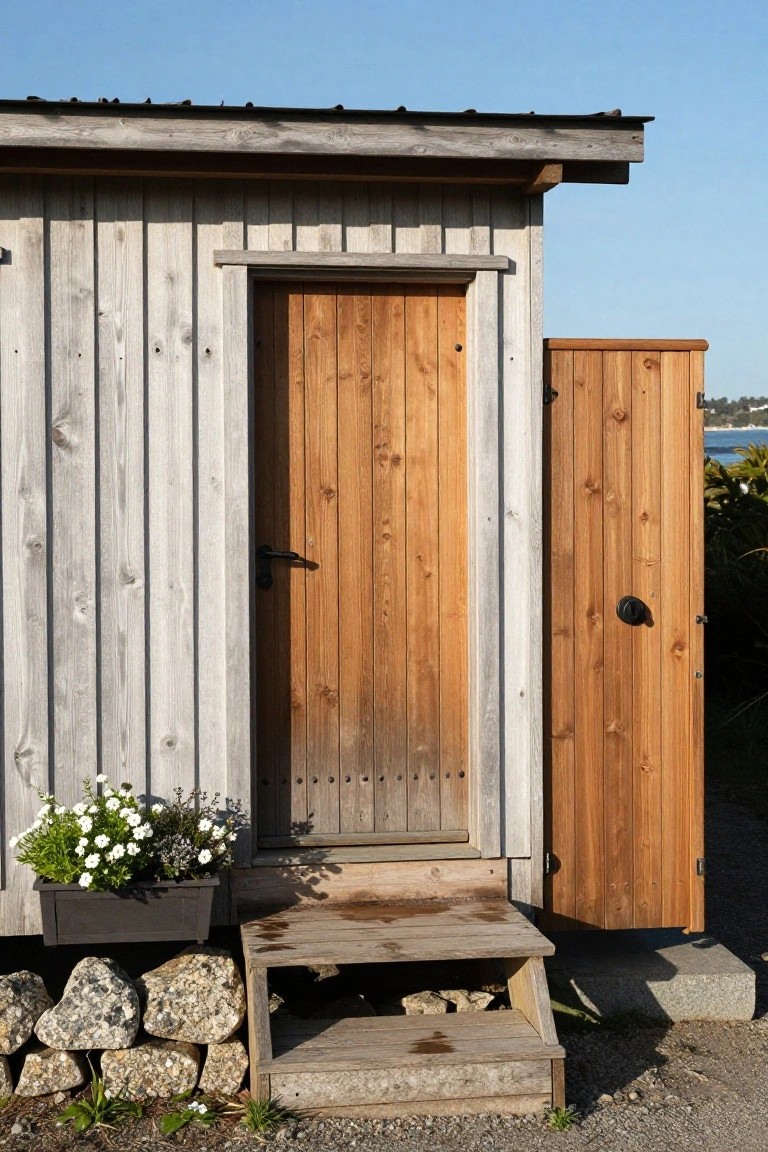 Side view of a small wooden outbuilding featuring light gray weathered vertical siding, a brown wooden entry door with black handle, an open brown side door, wooden steps, a stone foundation, and a planter with white flowers.