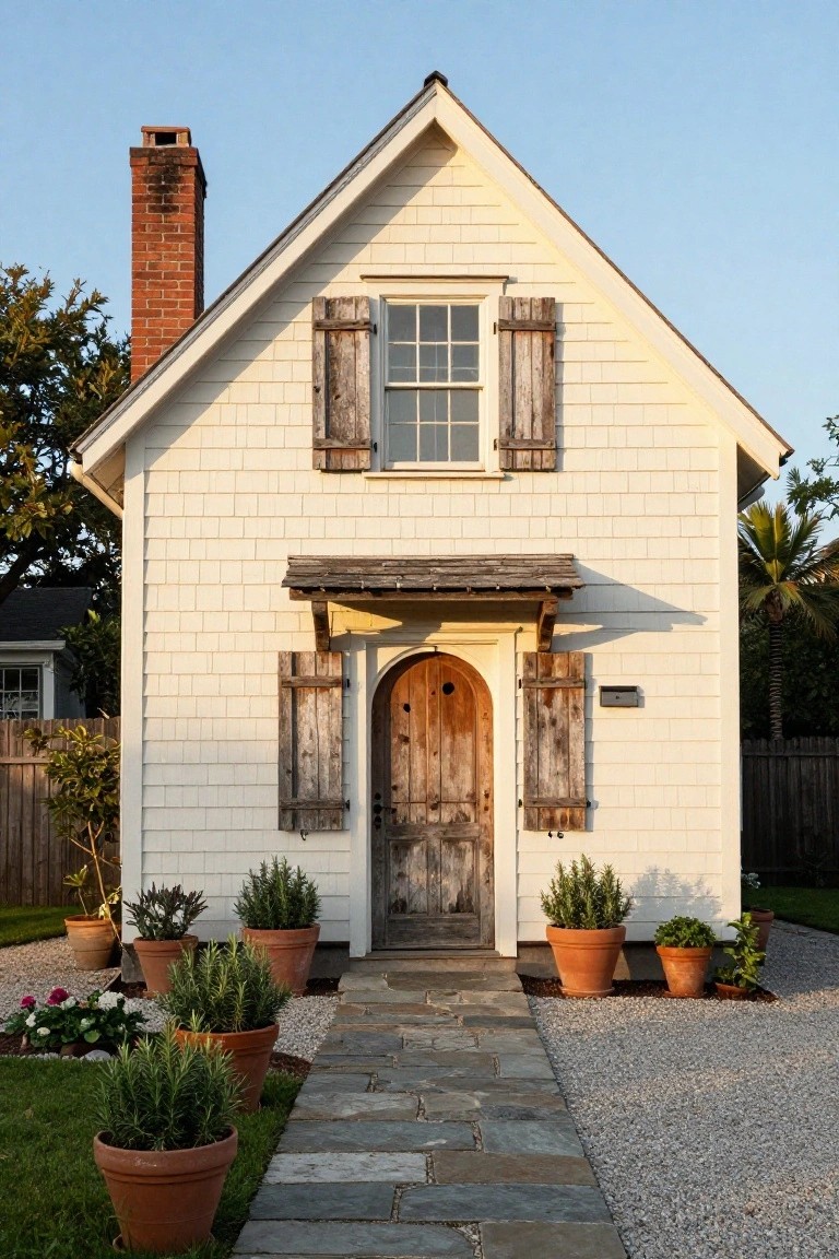 A small pale shingled cottage with weathered wooden arched door, matching shutters, brick chimney, small porch overhang, stone path lined with terracotta pots of rosemary, gravel yard, and surrounding greenery.