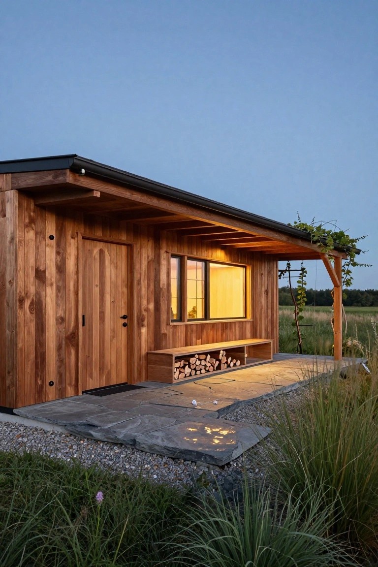 Side exterior view of a small wooden cabin with vertical plank siding, black metal roof with deep overhang forming a covered porch, built-in bench and firewood storage, stone paver patio, grasses and vines nearby, warm interior light from window at dusk.