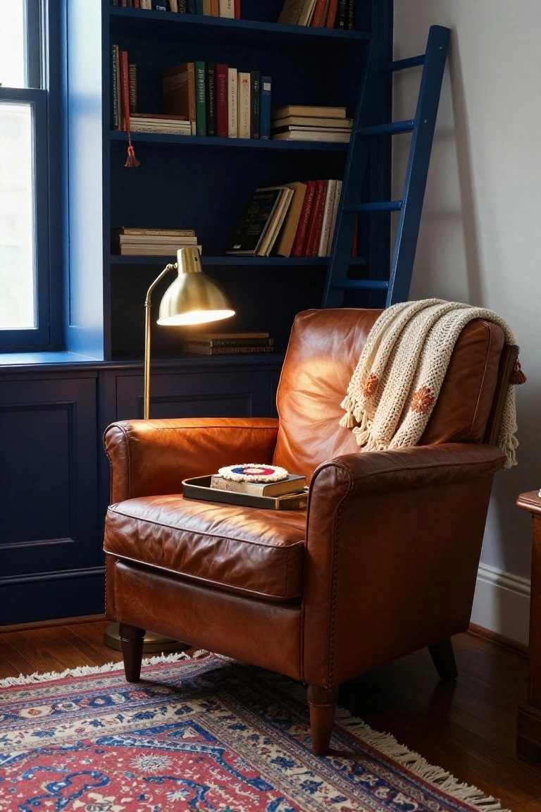 Tan leather armchair with cream crochet throw blanket draped over the back and seat, tassels hanging down, tray with book on armrest, beside navy bookshelves and brass floor lamp on wood floor with Persian rug.