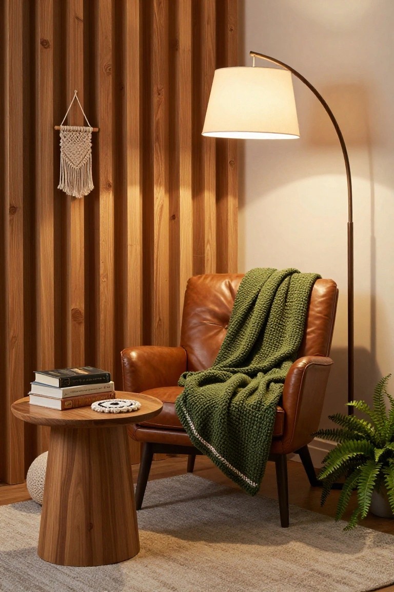 Wooden slat wall behind a green leather armchair with knitted green blanket draped over it, wooden pedestal side table with stacked books and coasters, arc floor lamp, macrame hanging, potted fern, and seagrass pouf on light gray rug.