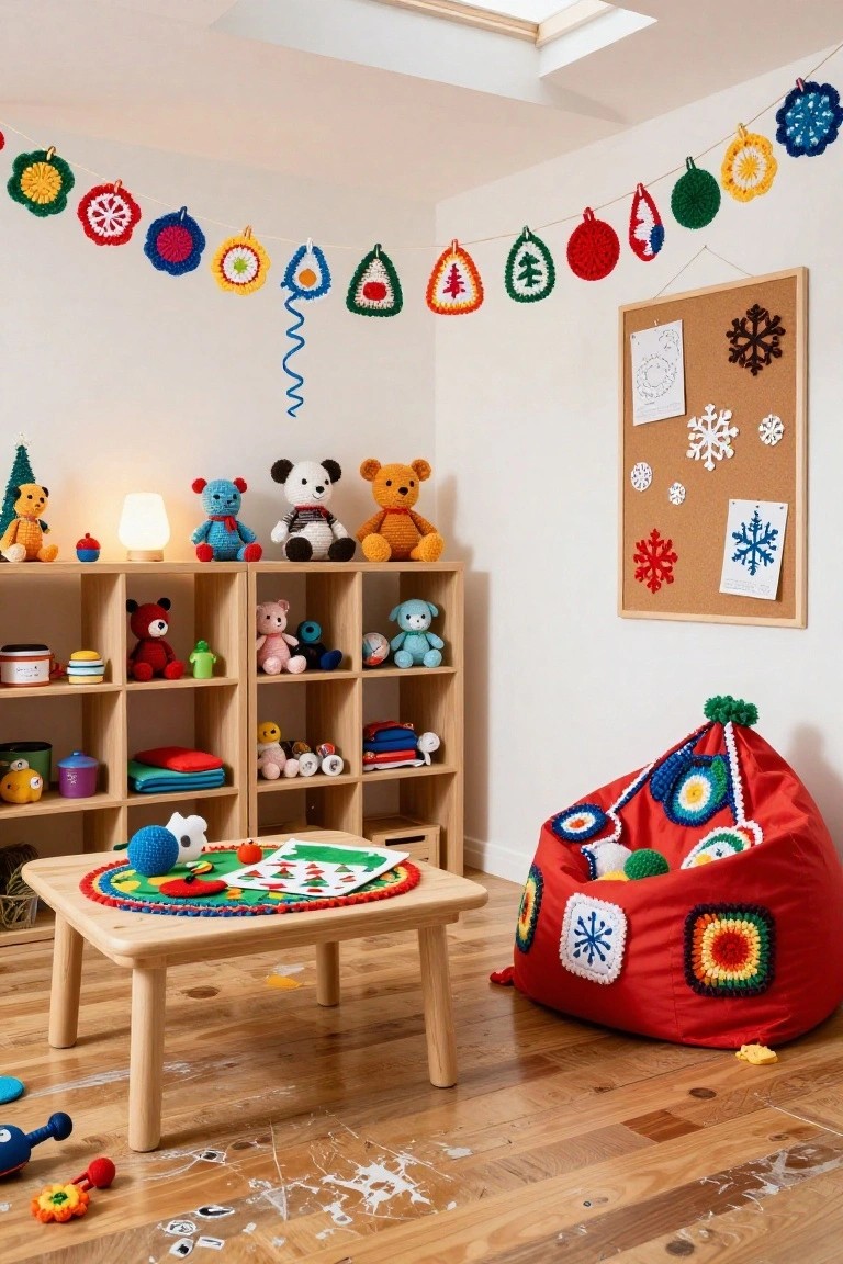 Children's playroom featuring colorful crocheted Christmas bunting with shapes like trees and snowflakes hanging along white walls, wooden shelves filled with stuffed animals and toys, a small table with a green play mat, and a large red crocheted bean bag chair on wooden floors.