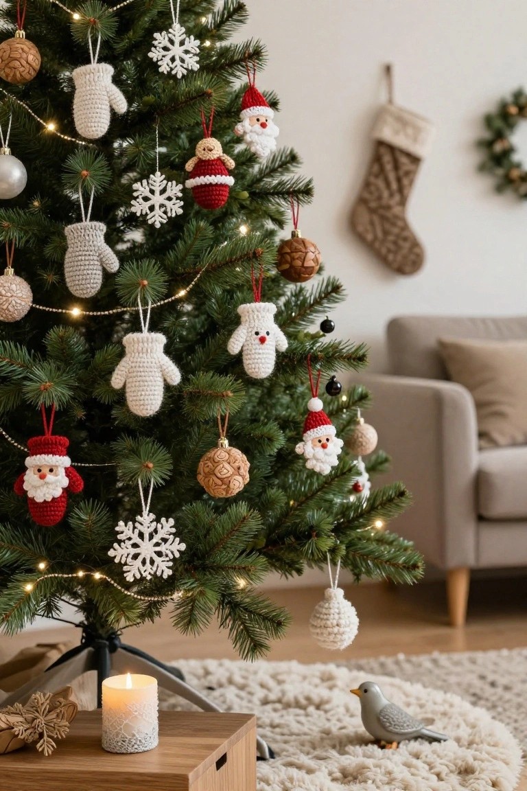 A Christmas tree in a living room decorated with crochet ornaments including white mittens, red Santa figures, snowflakes, and yarn balls, near a beige sofa and woven rug.