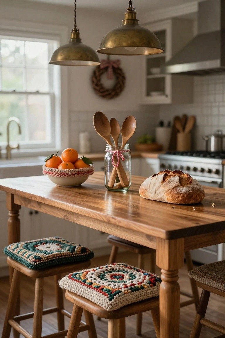 Rustic kitchen with wooden table, bread, oranges, and crocheted stools.