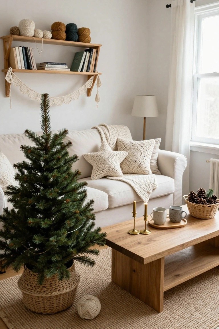 Cozy beige living room corner with small lit Christmas tree in woven basket, cream sofa topped with white crochet star pillows and throw blanket, wooden coffee table holding candles and mugs, open wooden shelves displaying books yarn balls and draped crochet garland, near window with sheer curtains.