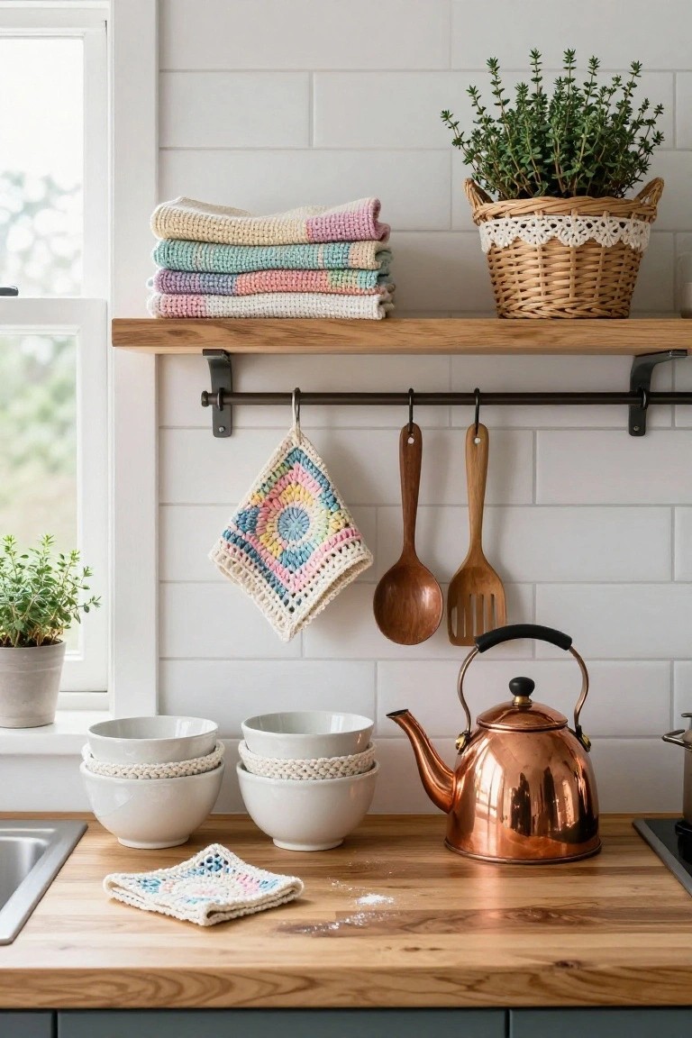 Kitchen countertop with white stacked bowls, copper teakettle, wooden spoons and slotted spoon hanging from metal bar, colorful crochet potholder hanging nearby, granny square crochet dishcloth on counter, stack of multicolored crochet towels on wooden shelf above, potted thyme plant in wicker basket with lace trim, and small potted plant on windowsill against white subway tile walls.