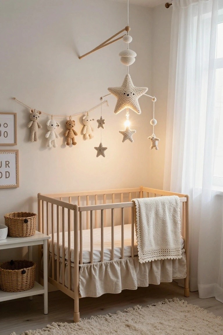 Cozy beige nursery room featuring a wooden crib with white bedding, a large crochet star mobile with lights hanging above, a garland of stuffed teddy bears on the wall, wicker baskets on a side table, and sheer curtains by the window.