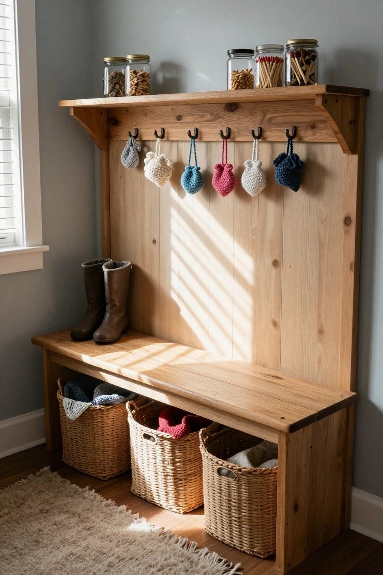 Wooden entryway rack and bench with colorful crocheted pouches hanging from hooks, brown boots on the bench, wicker baskets underneath, and jars on the shelf above.